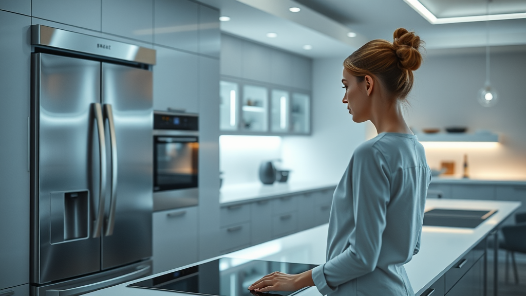 User managing smart home automation from a stylish kitchen touchscreen panel