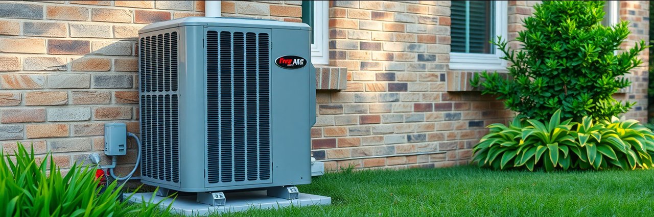 High-efficiency HVAC outdoor unit for smart home automation beside house.