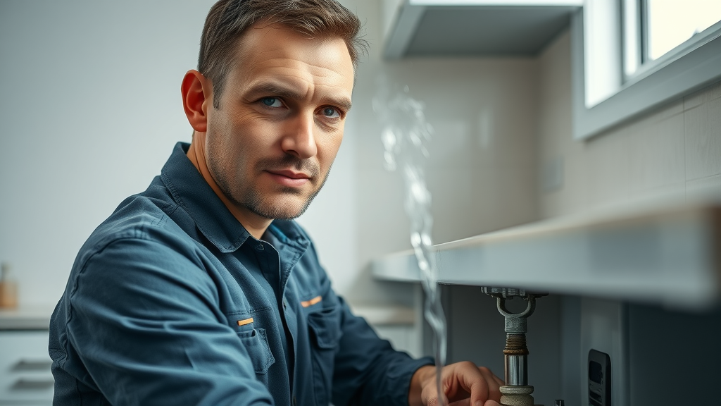 Professional plumber performing timely plumbing repairs on kitchen pipe.